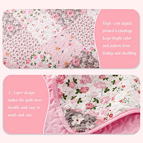 Whale Flotilla Reversible Patchwork Quilts Full/Queen Size, Lightweight Boho Printed Bedspreads Coverlets Quilt Bedding Set with 2 Pillow Shams for All Seasons, Pink