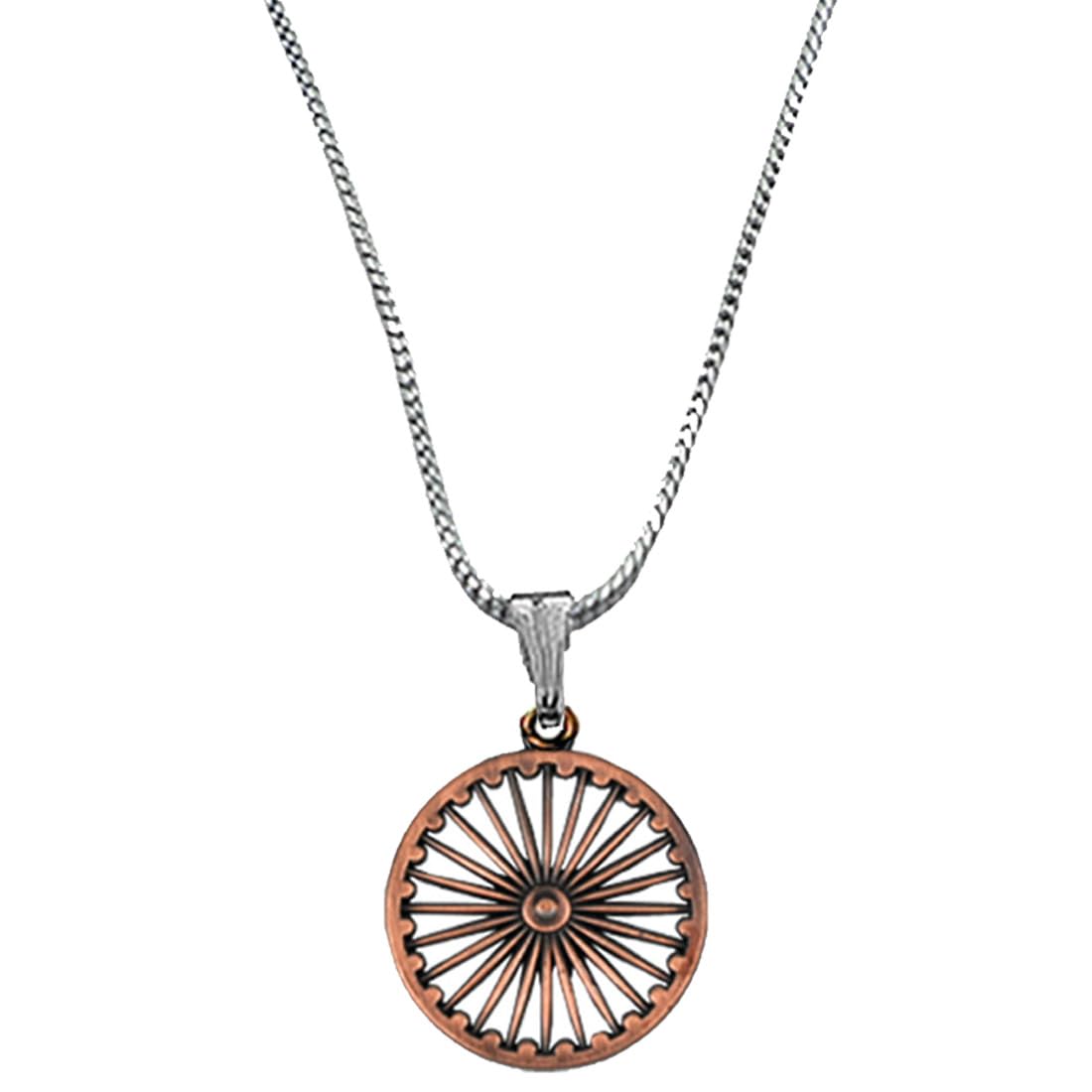 Dhamma Chakra Wheel Copper Pendant Necklace with Metal Charm, Snake Chain, S-Hook Closure-image-20
