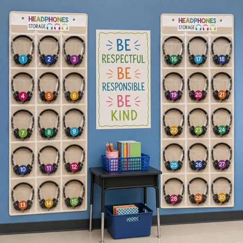 Vincreem 2 Pack Classroom Headphone Storage Organizer 30 Pockets PVC Clear Classroom Pocket Chart over The Door Hanging Headphone Holder Storage with Digital Stickers for Library Door Hanger(White)