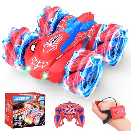 Qryselen Ferngesteuertes Auto, 2,4 GHz, RC-Autos mit LED-Leuchten, doppelseitiges Offroad-360°-Rollen, wiederaufladbares 4WD-RC-Stunt-Auto, Indoor-Outdoor-Spielzeug für Kinder von 6–13 Jahren (Rot)