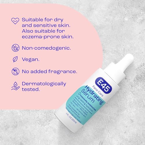 E45 Hydrating Face Serum, Instant 48 Hour Results, Hyaluronic Acid, Vegan, Lightweight, Boosts Hydration, for Dry, Sensitive and Eczema Prone Skin, Fragrance Free, Dermatologically Tested, 1 fl oz - Image 5