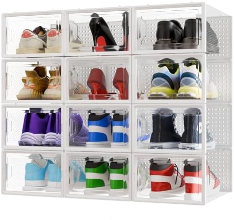 Stackable Transparent Shoe Boxes – Pack of 12 – Plastic Shoe Rack...