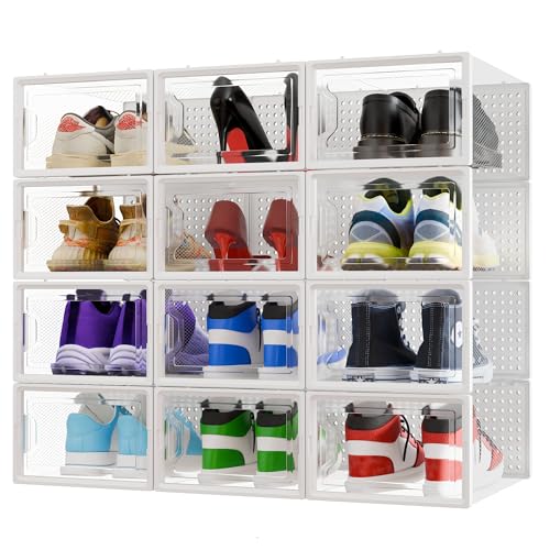 CM HOME - Cajas de Zapatos Transparentes Apilables – Pack 12 - Zapatero Plástico con Apertura Frontal, Ventilación y Sistema Antivuelco – Organizador de Zapatos de Fácil Montaje