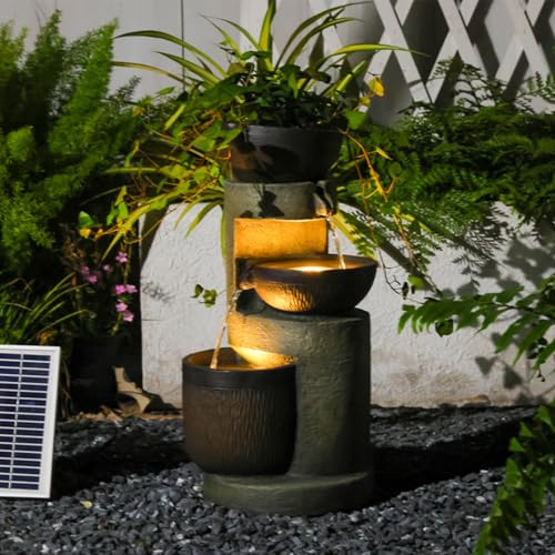 Bumilgar 3-Tier Natural Solar Garden Water Feature with LED Lights - Small Bowl Cascading Water Fountain Outdoor for Garden, Patio, Deck, Porch, Home Art Decor, Brown