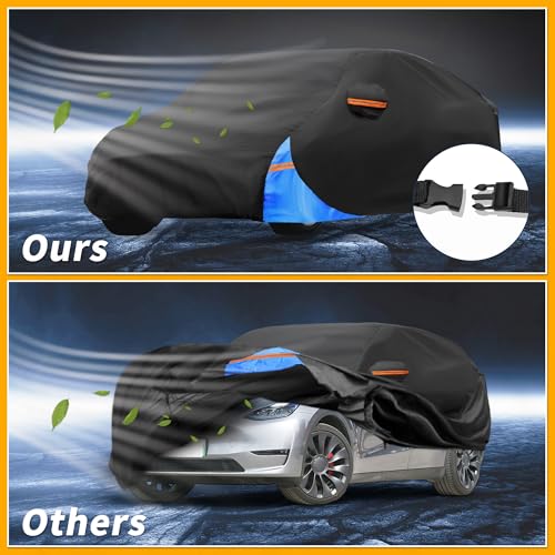 Image of All-Weather Waterproof Car Cover - UV-Resistant Outdoor Full Exterior Protection for Tesla Model Y 2020-2024 210D-PU Black Blue with Right Side Zipper