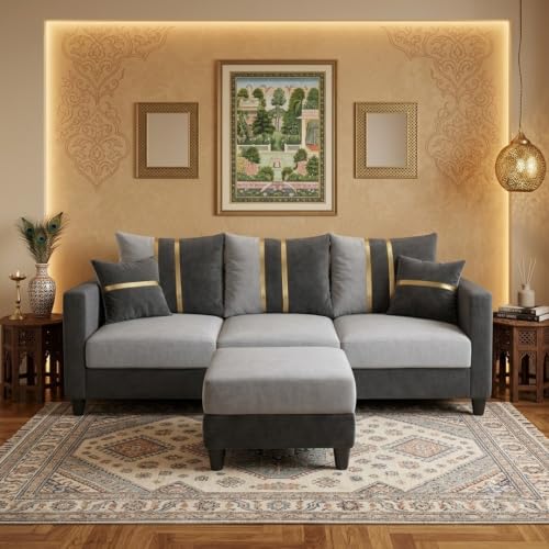 Image of Jester 4 Seater L Shape Sofa Set with Movable Ottoman | Flexible Left or Right Layout | Luxury Velvet Suede Fabric | Modern Living Room Sofa | Dark Grey-Light Grey