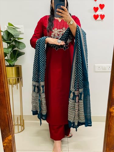 Image of BHARVITA Women's Cotton Embroidered Anarkali Kurta and Palazzo with Dupatta Set | A-line fit