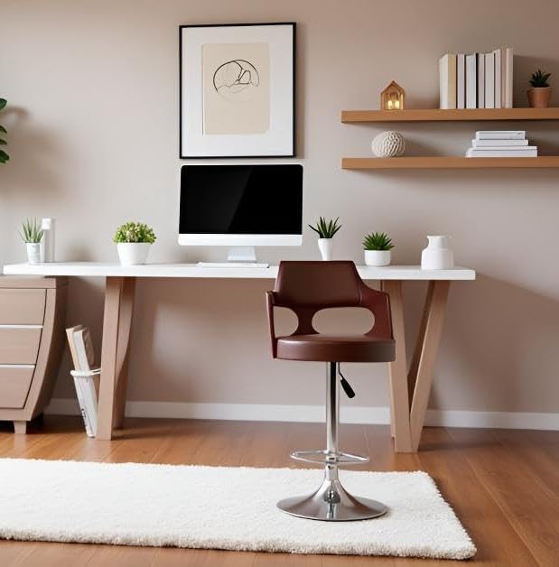 Image of Modern Adjustable Office Chair with Curved Wooden Back, Brown Leather Seat, Chrome Base, Swivel Design for Home Office