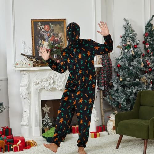 Couple Lightweight Fleece Onesie Pajamas, Hooded Printed Zipper Pjs Set for Women & Men Christmas Sleepwear Warm3