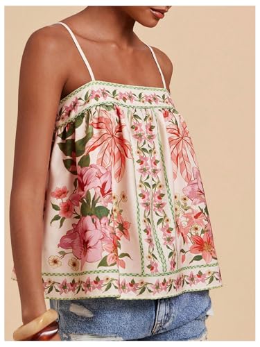 Image of RoseSeek Women's Boho Floral Cami Peplum Tops Graphic Sleeveless Tank Tops | Flower Print, Tropical Print, Spaghetti Strap, Flowy Cami, Summer, Beach Vacation Outfits