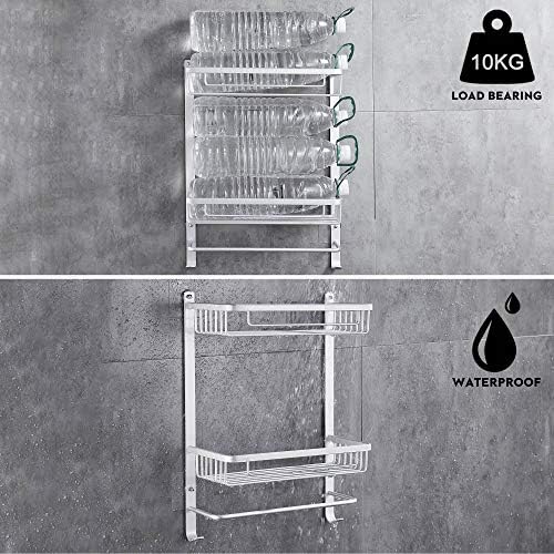 DUFU Bathroom Shelf Organizer Space Aluminum Self Adhesive Shower Caddy Adhesive Bathroom Shelf Wall Mounted No Drilling Strong Shower Caddies Kitchen Racks Storage 2 Tier-Silver