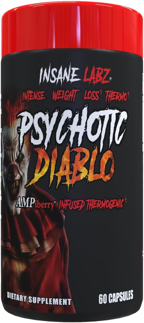 Insane Labz Psychotic Diablo Thermogenic Fat Burner for Men and Women with Grains of Paradise Theobromine Dandelion Root Extract Fueled by AMPiberry, Appetite Suppressant - 60 Servings