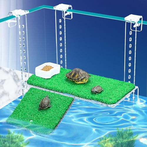Image of Turtle Basking Platform with Artificial Grass & Adjustable Ramp Non-Slip Large Dock for Aquatic Turtles Fits 0.31 inch-2.11 inch Thick Tanks Durable Acrylic Turtle Tank Accessories 11 Inch