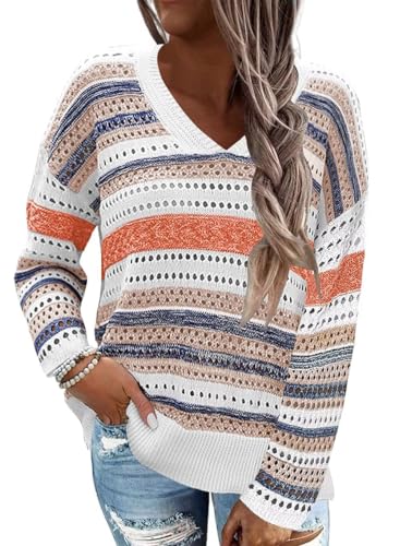 ANFTFH Trendy Striped Sweater for Womens 2025 Crochet Long Sleeve Sweaters Lightweight Tops Orange Medium