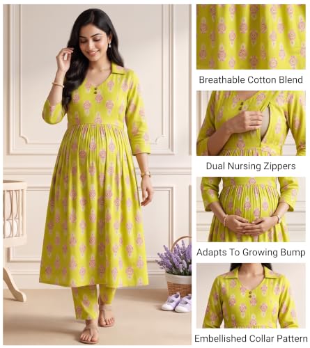 Image of DUMMY SHAPE Maternity Dresses for Women Cotton | Floral Kurta Pant Dupatta Set with Nursing Zippers, Side Pocket | Pre & Post Pregnancy | Feeding Kurti Suit | Baby Shower | Gifts for Pregnant Woman