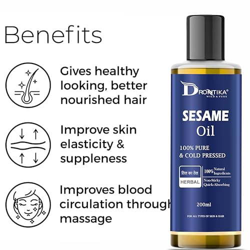 Image of Drontika Wild & Pure Cold Pressed 100% Pure Sesame Oil for Skin & Hair - 200ml Fresh from Our Farm | Zero Preservatives | Ideal for Body Massage & Hair Care