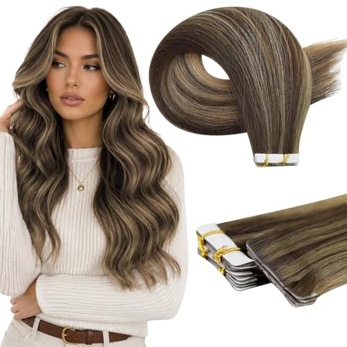 Image of Full Shine Invisible Tape in Hair Extensions Color Medium Brown Lighted Honey Blonde Seamless Remy Hair Extensions Injected Tape ins 5Pcs 12.5G 22 Inch Double Sided Tapes Lightweight for Travel