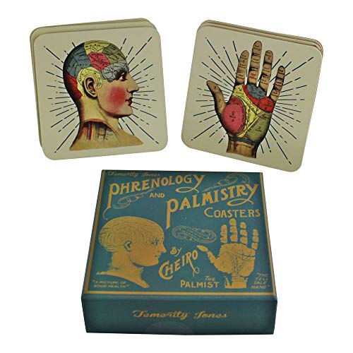 Temerity Jones Set of 6 Phrenology Palmistry Cork Backed Coffee Mug Drink Coasters Boxed