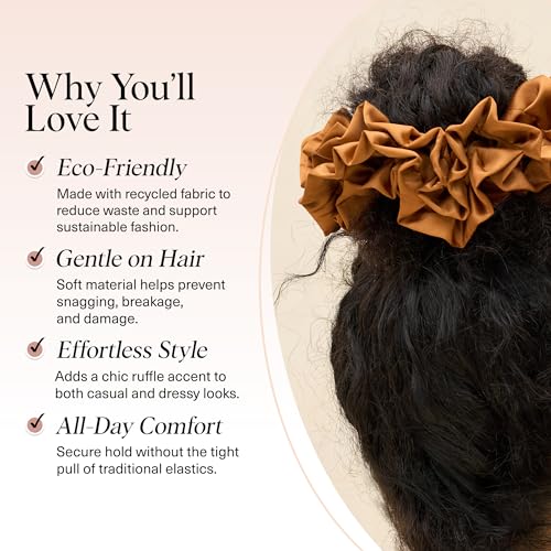 Image of Kitsch Recycled Satin Ruffle Scrunchie - Gentle Hair Scrunchie for Women, Eco-Friendly Hair Tie No Damage, Stylish Ponytail Holder | Ideal Gifts for Women - Camel