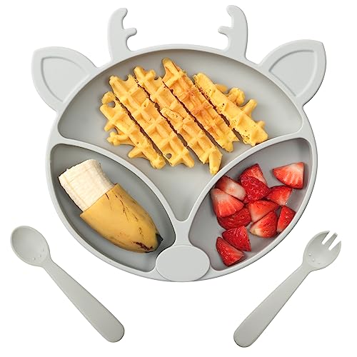Image of ROCCED Suction Plates for Toddlers, Silicone Plates with Suction for Baby Divided, Baby Spoon Fork Set for Toddler Baby Dishes Kids Plates and Utensils-Deer Grey