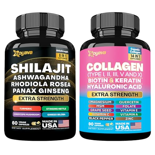 Zoyava Wellness Duo - Shilajit Ashwagandha Rhodiola Rosea Panax Ginseng Ginkgo Biloba Cordyceps Mushroom Turmeric & Collagen Types I II III V X Biotin Keratin Hyaluronic Acid Quercetin