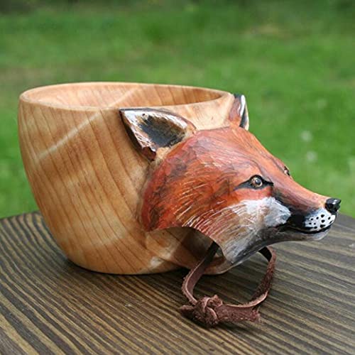 Caneca de madeira esculpida à mão Kuksa - imagem de cabeça de animais copo de madeira natural Kuksa