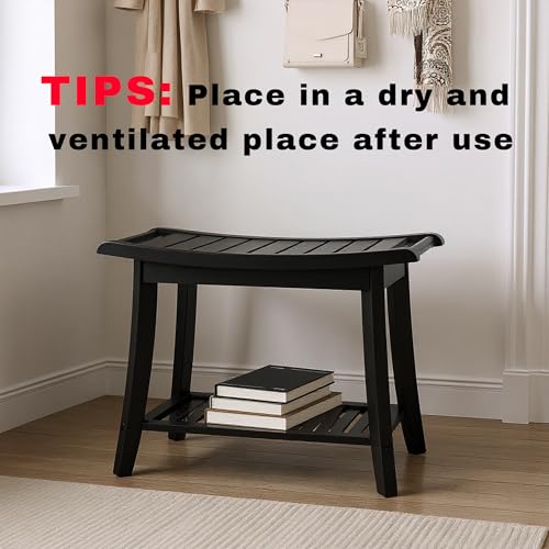 Image of Bamboo Shower Bench Stool,24 inch Shower Chair Seat Non-Slip,Waterproof Bathroom Bench with Storage Shelf for Adults,Elderly, Disabled Indoor&Outdoor Use (Black)