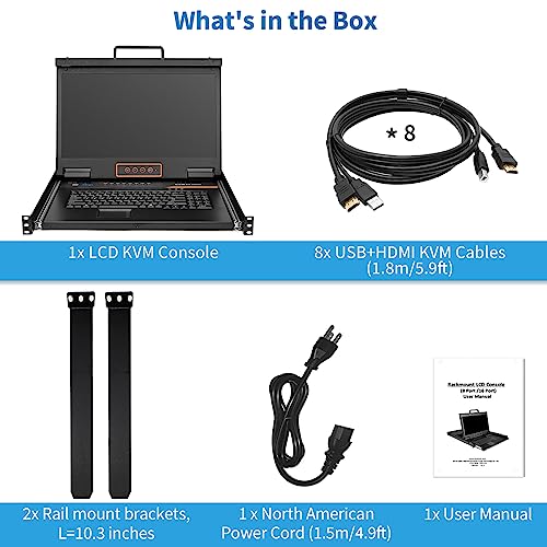 Image of 1U Rack Mount KVM Console Fits 19'' Rack, 18.5 inch 1080P Rackmount Monitor + 8 Port HDMI KVM Switch Keyboard Touchpad, OSD Hotkey Button Switching, 16:9 Aspect Ratio, Incl. HDMI Cables and Brackets