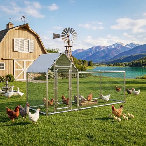 Image of LEMBERI Small Metal Chicken Coop, Walk-in Chicken Run,Galvanized Wire Poultry Chicken Hen Pen Cage, Rabbits Duck Cages with Waterproof and Anti-Ultraviolet Cover for Outside,Backyard and Farm