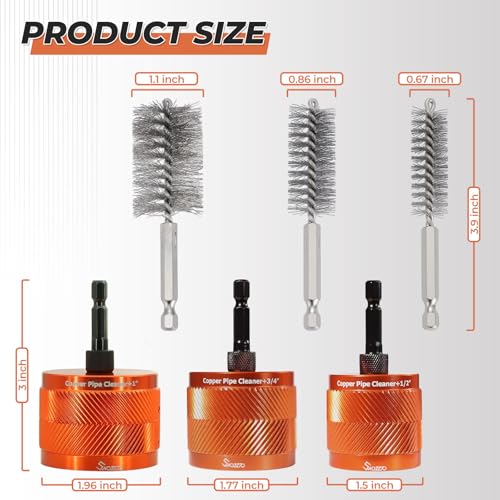 Image of 1 /2 inch & 3 /4 inch & 1 inch Metal Copper Pipe Cleaner,with 9PCS Replacement Brushes