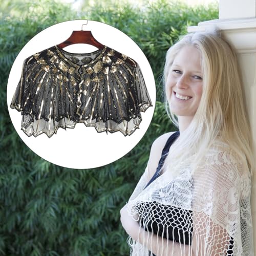 1920s Shawl Wraps Sequin Beaded Evening Cape Bridal Shawl Bolero Flapper Cover Up Oversize Transparent Mesh Shawl Wrap (Black Golden) 5
