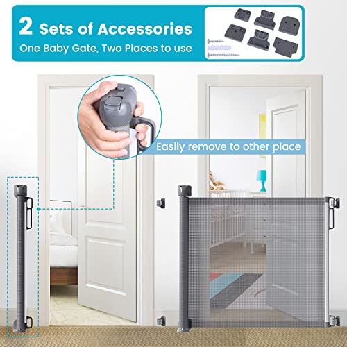 Retractable Baby Gates,Mesh Baby Gates, Pet Puppy Dog Gates, [Upgraded Double Lock] 34" Tall, Extends Up To 72" Wide, Child Safety Gate For Doorways, Stairs, Hallways, Indoor/Outdoor (Grey) #TOP2