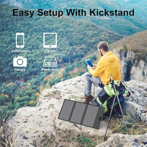 Image of 45W Portable Solar Panel Charger with USB-C, USB-A and DC Outputs 18V Foldable IP67 Waterproof Solar Panels with an Adjustable Kickstand, Mini Charger for Phones, Power Bank, Camping, Hiking, Outdoor