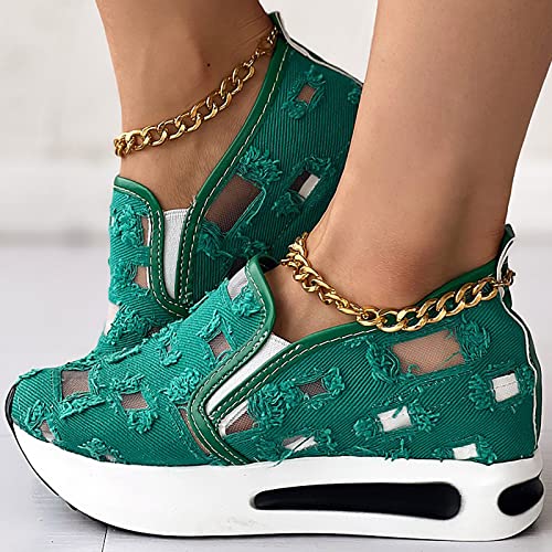 Fashion Sneakers for Women 2023 Floral Embroidery Breathable Sheer Mesh Sneakers Slip On Sneakers Platform Wedge Sneakers Dressy Casual Shoes Walking Sneakers (C-Green, 8.5)2