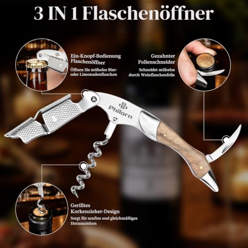 Foto von Philorn Kellnermesser All-in-1, Korkenzieher Wein Profi, Holz Kellnerbesteck Edelstahl, Gratis Weinrezept Ebook, Weinflaschenöffner, Kellnerkorkenzieher, Sommeliermesser mit Flaschenöffner