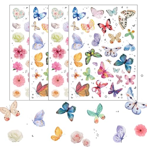 Canollo 4 Blätter Sticker Blumen und Schmetterlinge, 126 Stück Stickers Kinder Erwachsene, Aufkleber Blumen und Schmetterling Deko, Frühlingsthemen Scrapbook Stickers, Aufkleber Set für DIY Deko