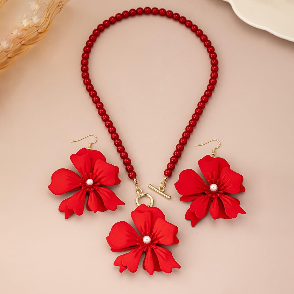 Flower Earrings Necklace Set for Women Unique Red Bead Large Flower Pendant Necklace Earring Set Trendy Wedding Brides Bridesmaids Statement Jewelry Set for Women - Image 7