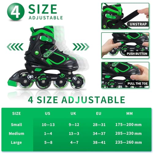 Image of Nattork Blade Roller for Boys Adjustable Inline Skates with Light Up Wheel for Kids Youth Childrens Outdoor & Indoor Ages 6-12 6 7 8 9 Beginners Green