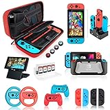 Switch Accessories Bundle, Kit with Carrying Case, Screen Protector, Compact Playstand, Game Case, Joystick Cap, Charging Dock,Steering Wheel for Nintendo Switch, Red (18 in 1)