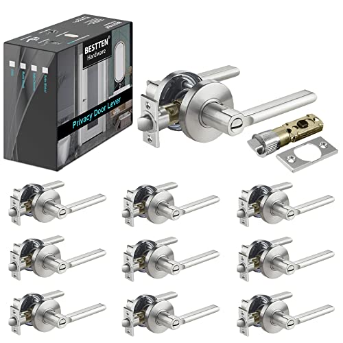 [10 Pack] BESTTEN Privacy Door Lever with Removable Latch Plate, All Metal Door Handle, Commercial and Residential, Contemporary Round Design Interior Door Handle, Satin Nickel, Vienna Series