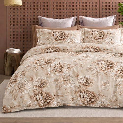 Image of DECOR2ADMIRE 300 TC Premium Printed Super King Size Cotton Bedsheet Set with 2 Pillow Covers | Ultra Soft 108 inch x 108 inch | Royal Beige Floral