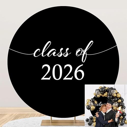 OERJU Class of 2026 Round Backdrop Cover Black Graduation Round Backdrop 2026 Co