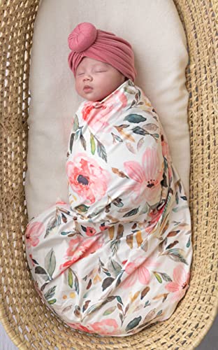 Image of Giggle Angel Baby Receiving Blanket Swaddle Blanket Newborn Wrap Swaddle Headband Set -Bloom Flower Pattern (Pink 1)