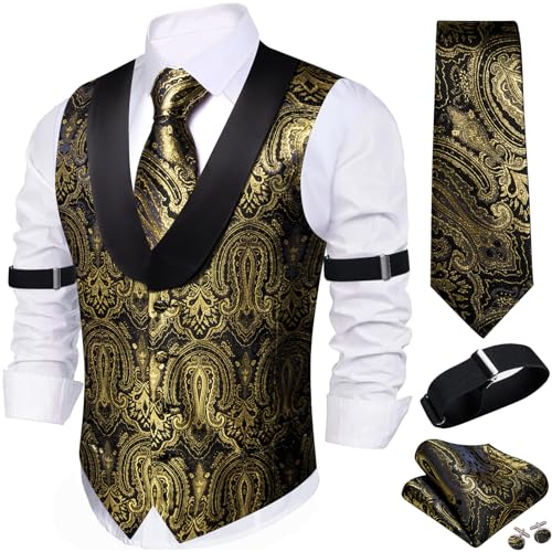 Image of Barry.Wang Mens Silk Lapel /Shawl Collar Vest Tie Sleeve Holder Set Formal /Casual Paisley Vests Wedding Tuxedo Waistcoat