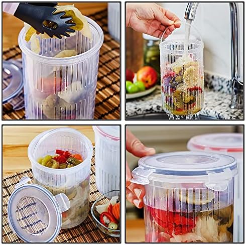 CRYSTALIA 50oz 1500ml Pickle Jar with Strainer 100% BPA FREE Pickle Container with Strainer, Pickle Holder Lifter Bucket of Pickles Barrel of Olive Jalapeno Leak Proof and Lock It Lid Pickle Strainer
