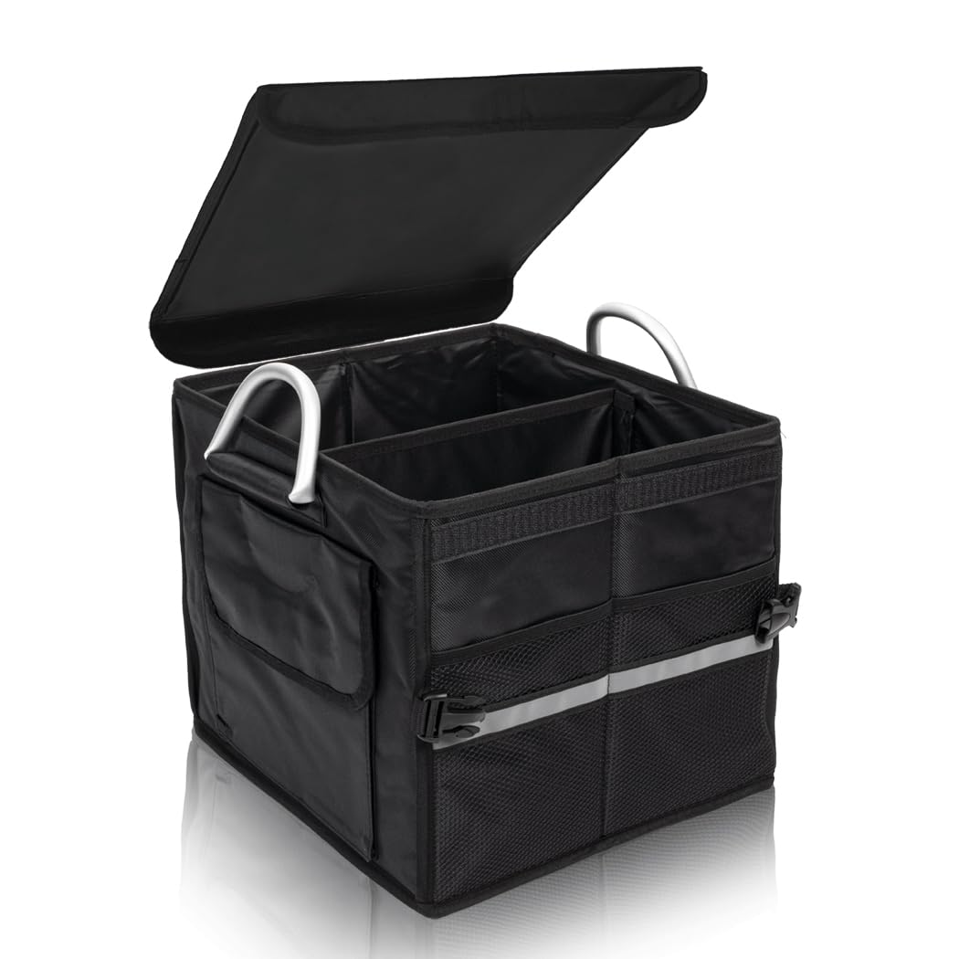 Tongketec Trunk Organizer With Lid,Small,Black 28L,For SUV Car Truck,Collapsible Waterproof Oxford Fabric,Portable Multipurpose sorting,2-Compartments with Aluminium Alloy Handle