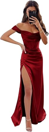 Womens Satin Prom Dress with Slit Off The Shoulder Mermaid Corset Evening Formal Party Gowns