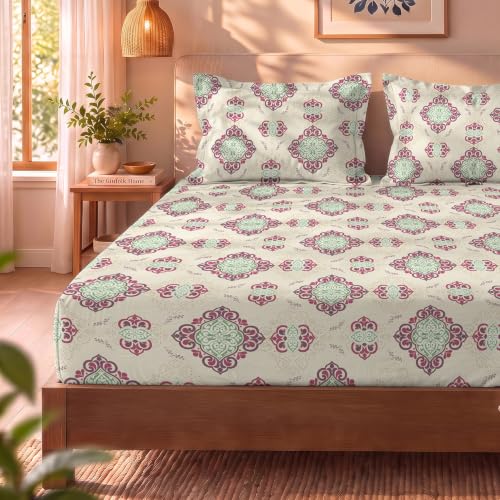 Image of Urban Space 144 TC Divine 100% Cotton Bedsheet for Double Bed with 2 Pillow Covers, Queen Bedsheet (Size 90 x 100 inches, Naqsh Buttercream, Double)