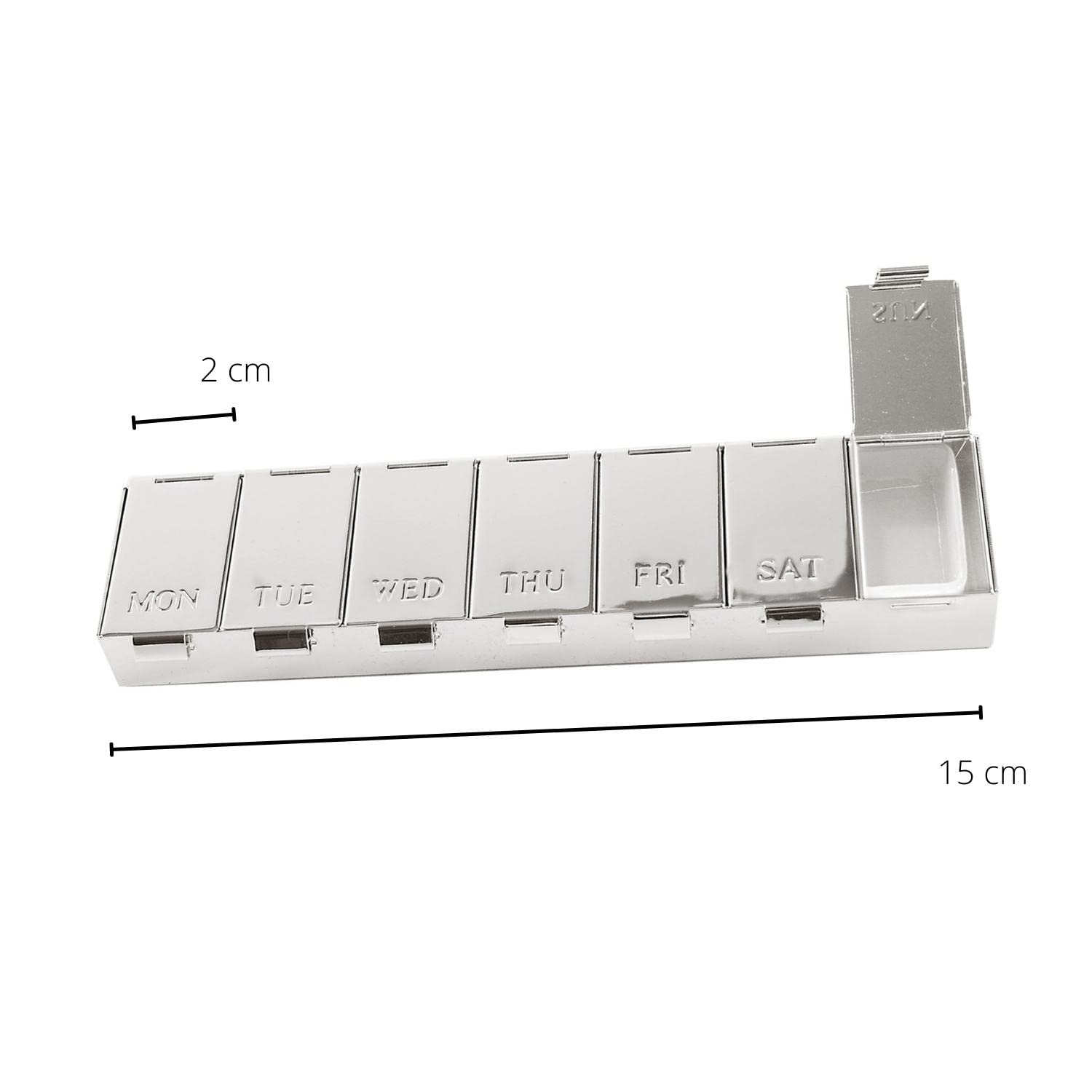 EDZARD Pastillero 7 días, 7 compartimentos, plateado, protegido contra el deslustre, 15 x 3 cm