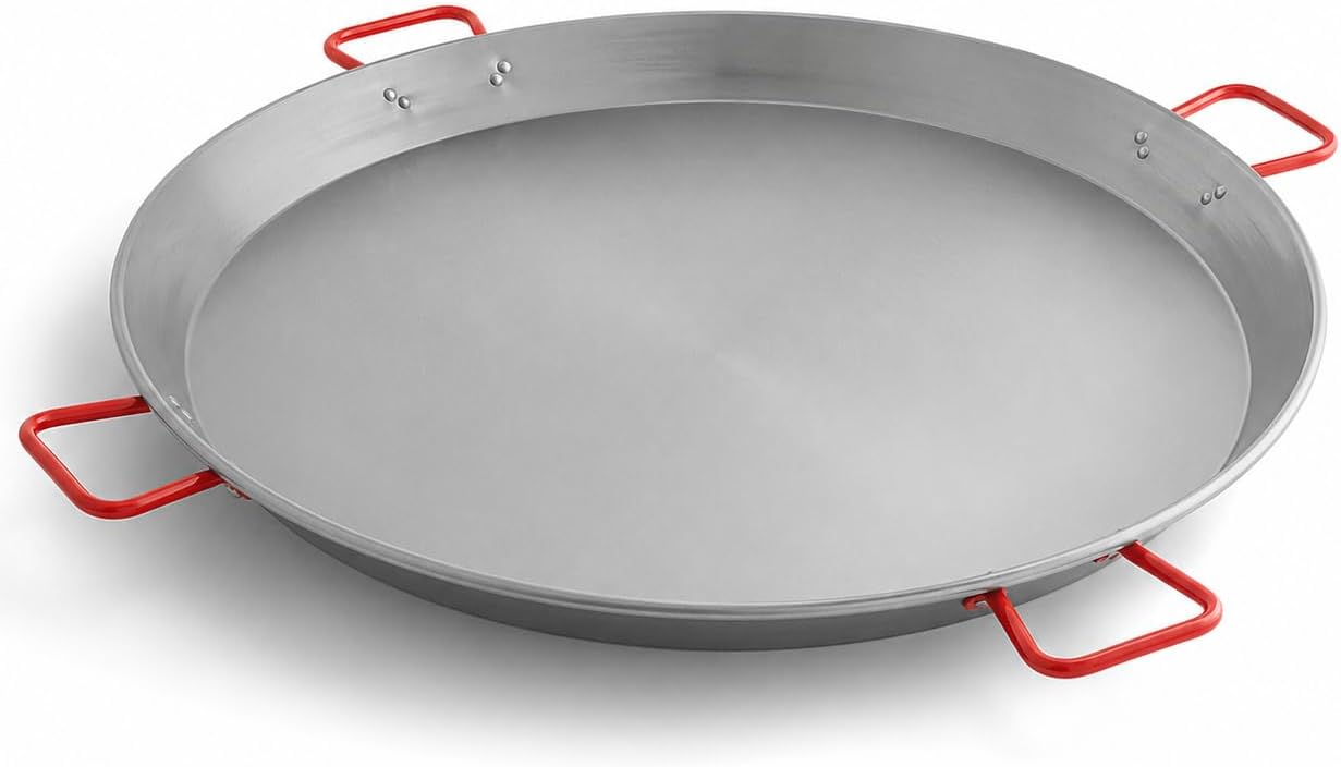Carbon Steel Paella Pan, Silver Round with Dual Red Handles, Uncoated Dimpled Surface for 9-16 Guests, Hand Wash Only (Polished, 35 1/2")